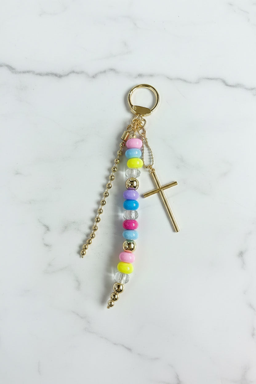 Jane Marie Multi Colored Ball Chain, Gold Beaded, With Gold Cross
