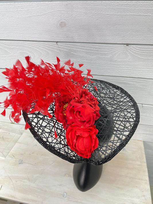 Black Mesh With Red Flower Derby Fascinator