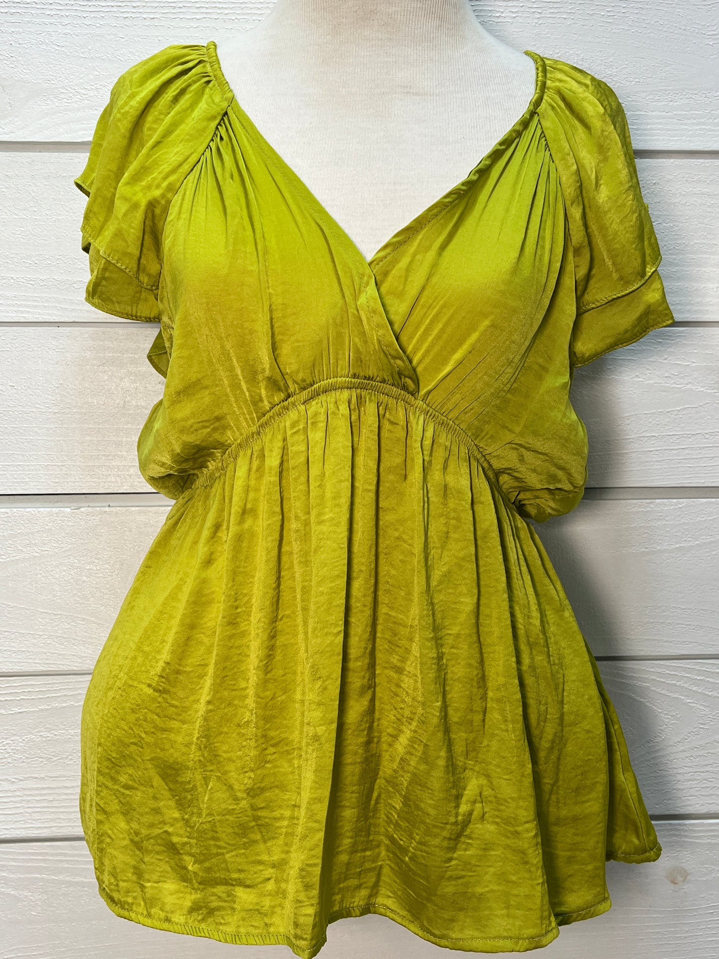 Silky V Neck Elastic Flutter Sleeve Top