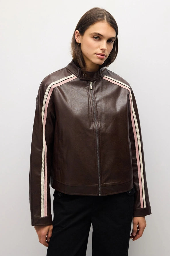 The Tracy Jacket | Faux Leather Bomber with Stripe Trim