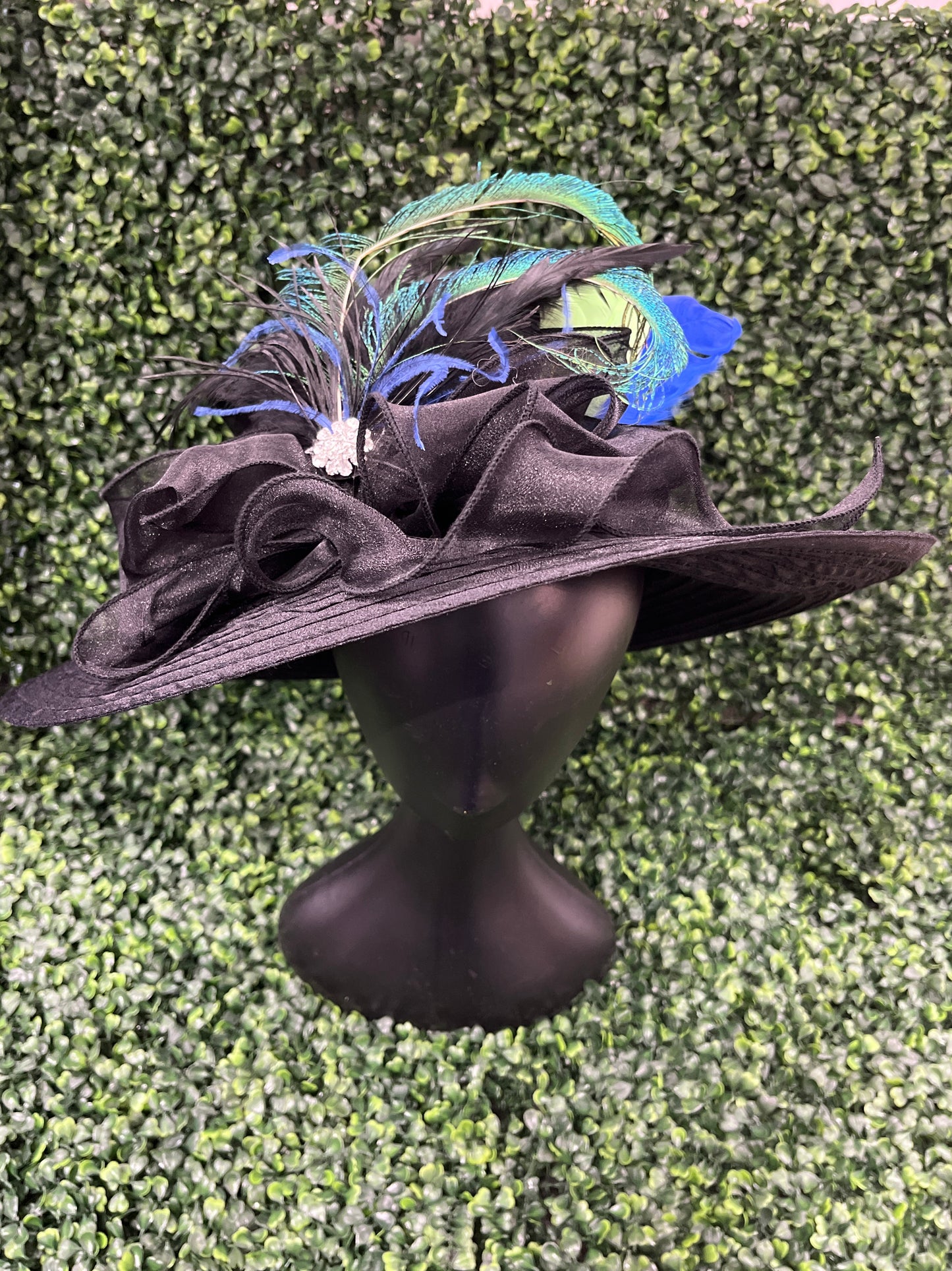 Black Derby Hat With Peacock Feather Details