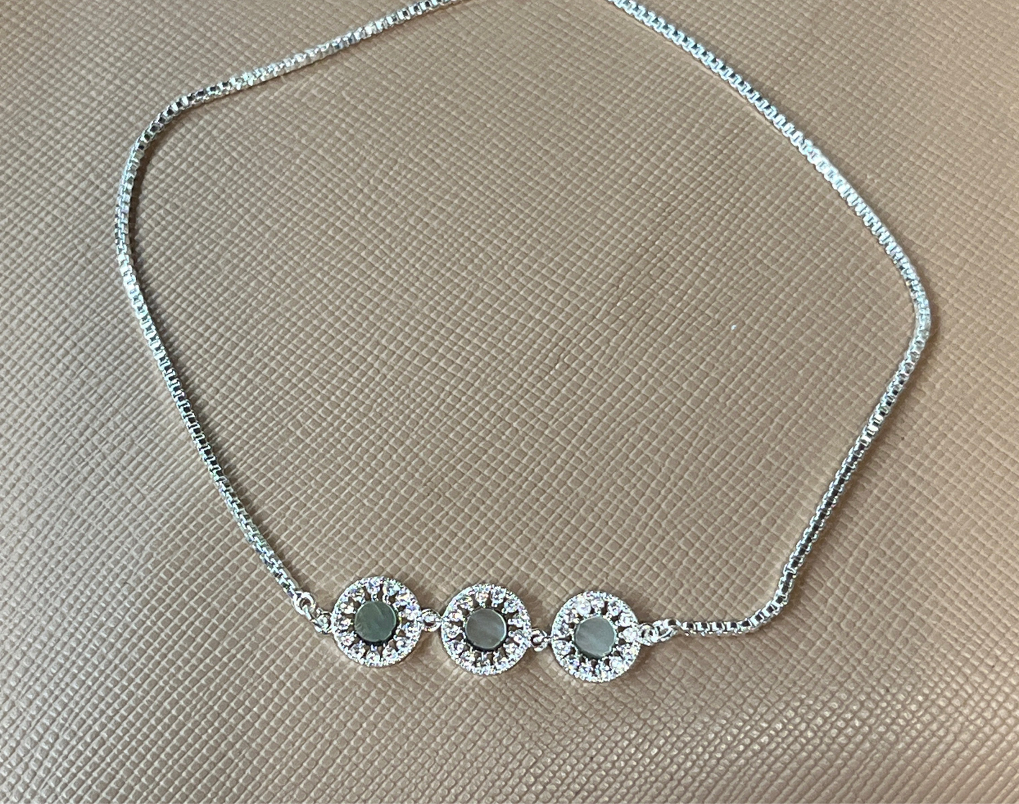 Grey Mother of Pearl and CZ Triple Circle Pull-Cord Bracelet