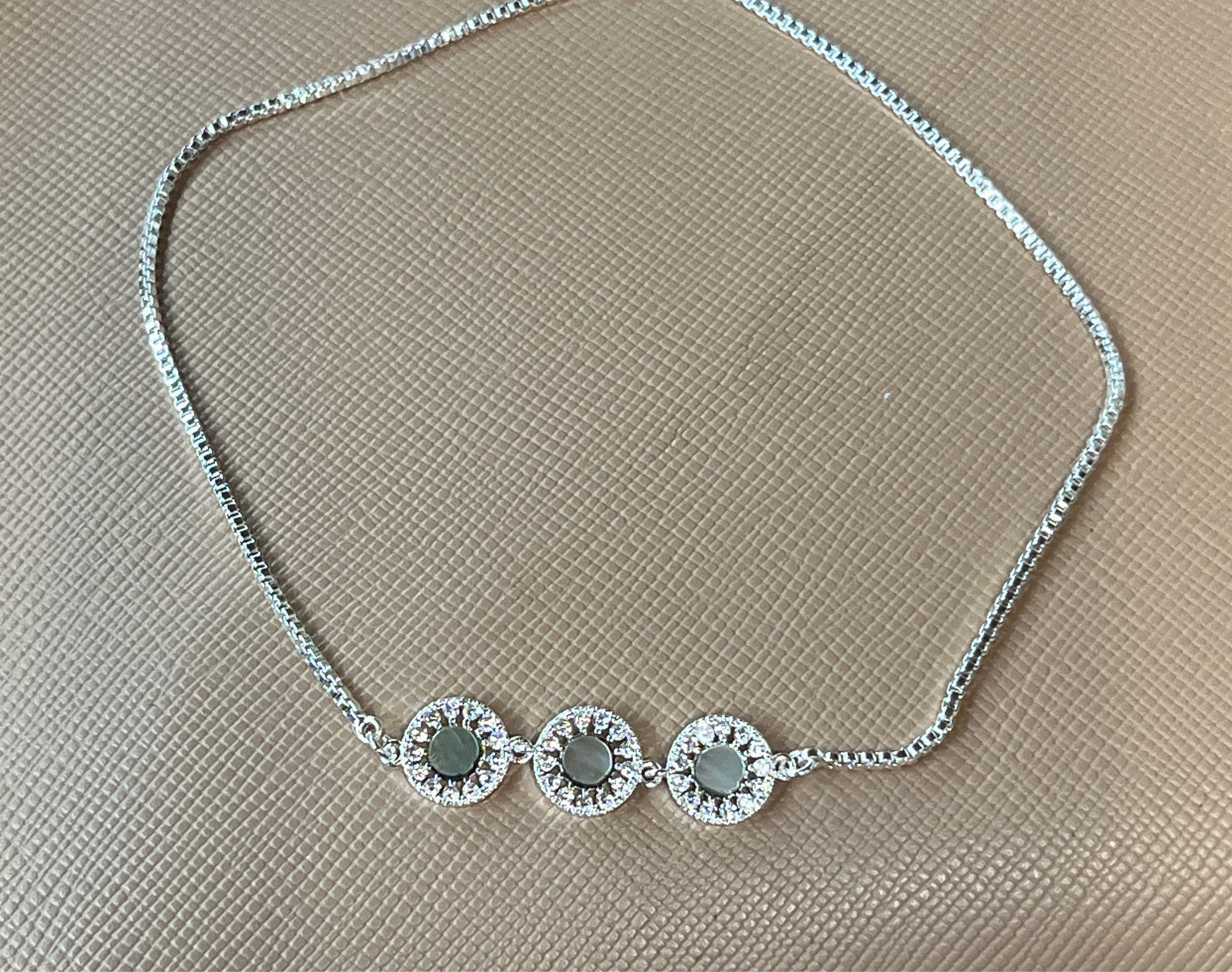 Grey Mother of Pearl and CZ Triple Circle Pull-Cord Bracelet