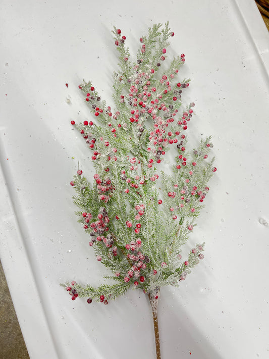19" Red Berry/Greenery Pick With Glitter Snow