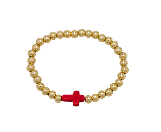 Water Resistant 14 Kt Gold Ball Bracelet With Stone Cross