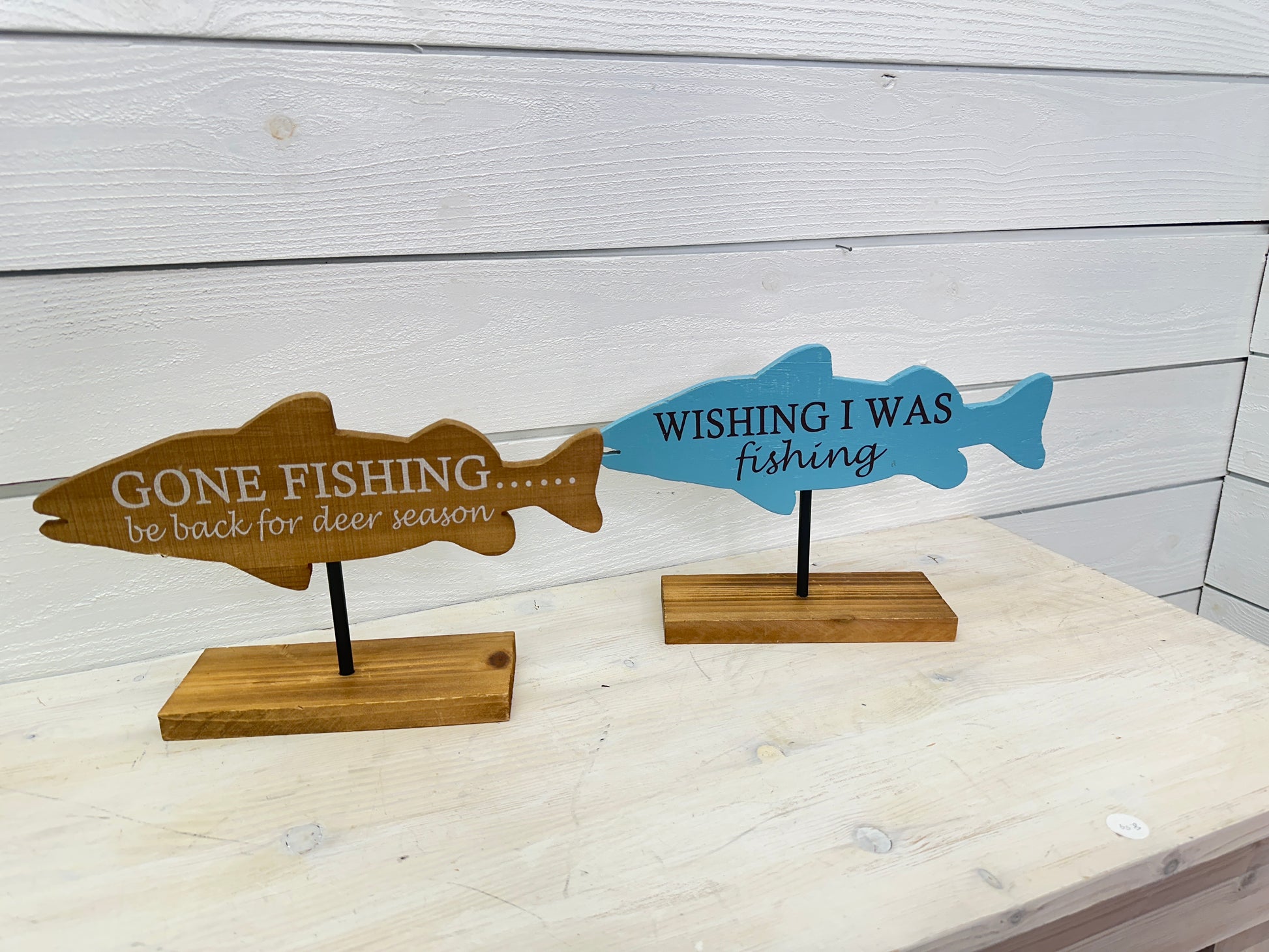 Wood Fish Shaped Sign On Pedestal
