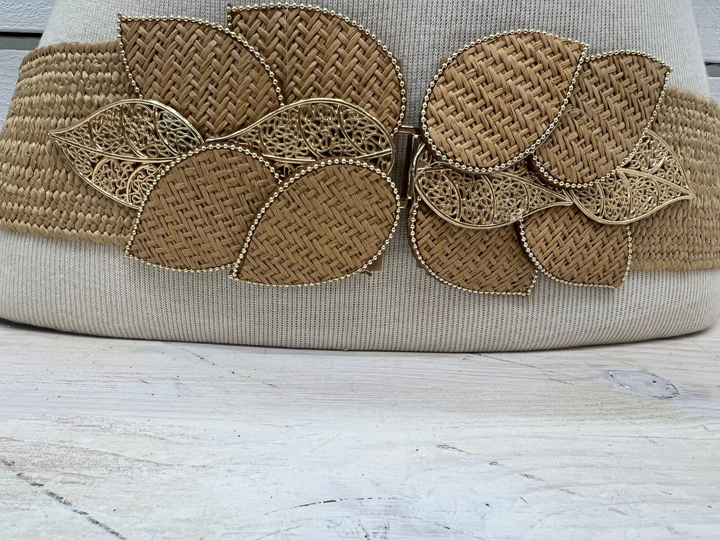 Woven Raffia Belt With Gold Accents