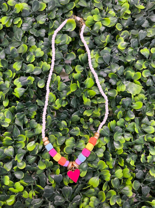 Kids White, Multi, Gold Seed Bead, Rubber Block Beaded Necklace with Hot Pink Heart