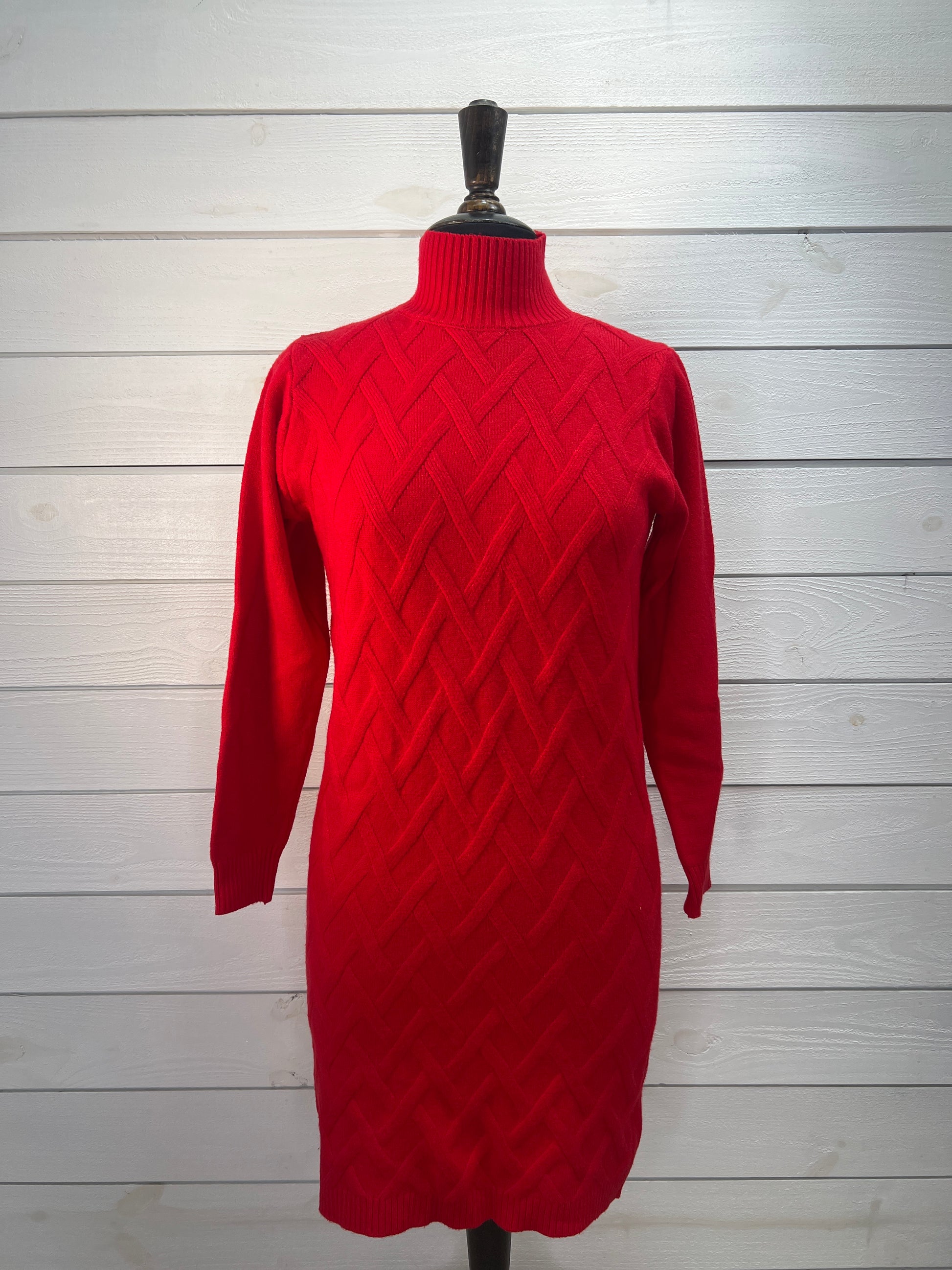 Red Diamond Cable Mock Neck Sweater Dress