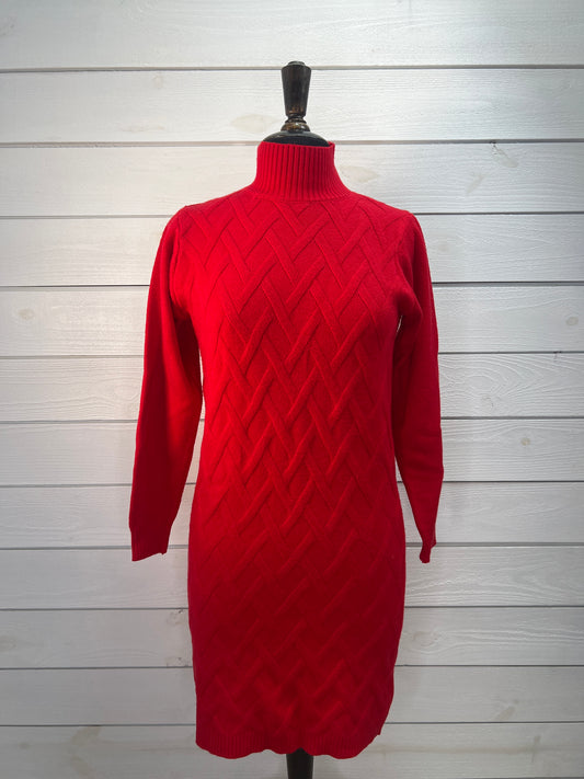 Red Diamond Cable Mock Neck Sweater Dress