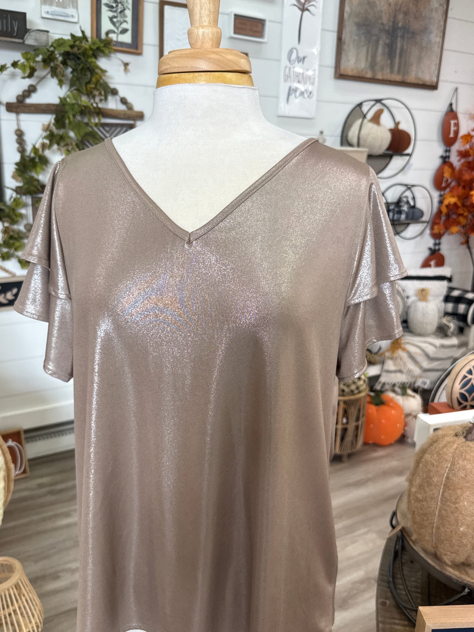 Taupe Shimmer Short Sleeve Top