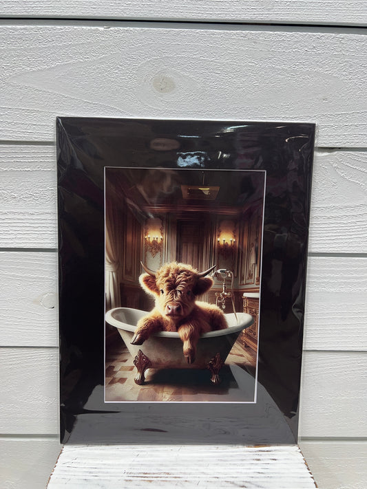 Highland Cow Tub Matted Canvas Art