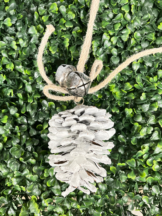 White Glitter Pinecone With Bells 5"