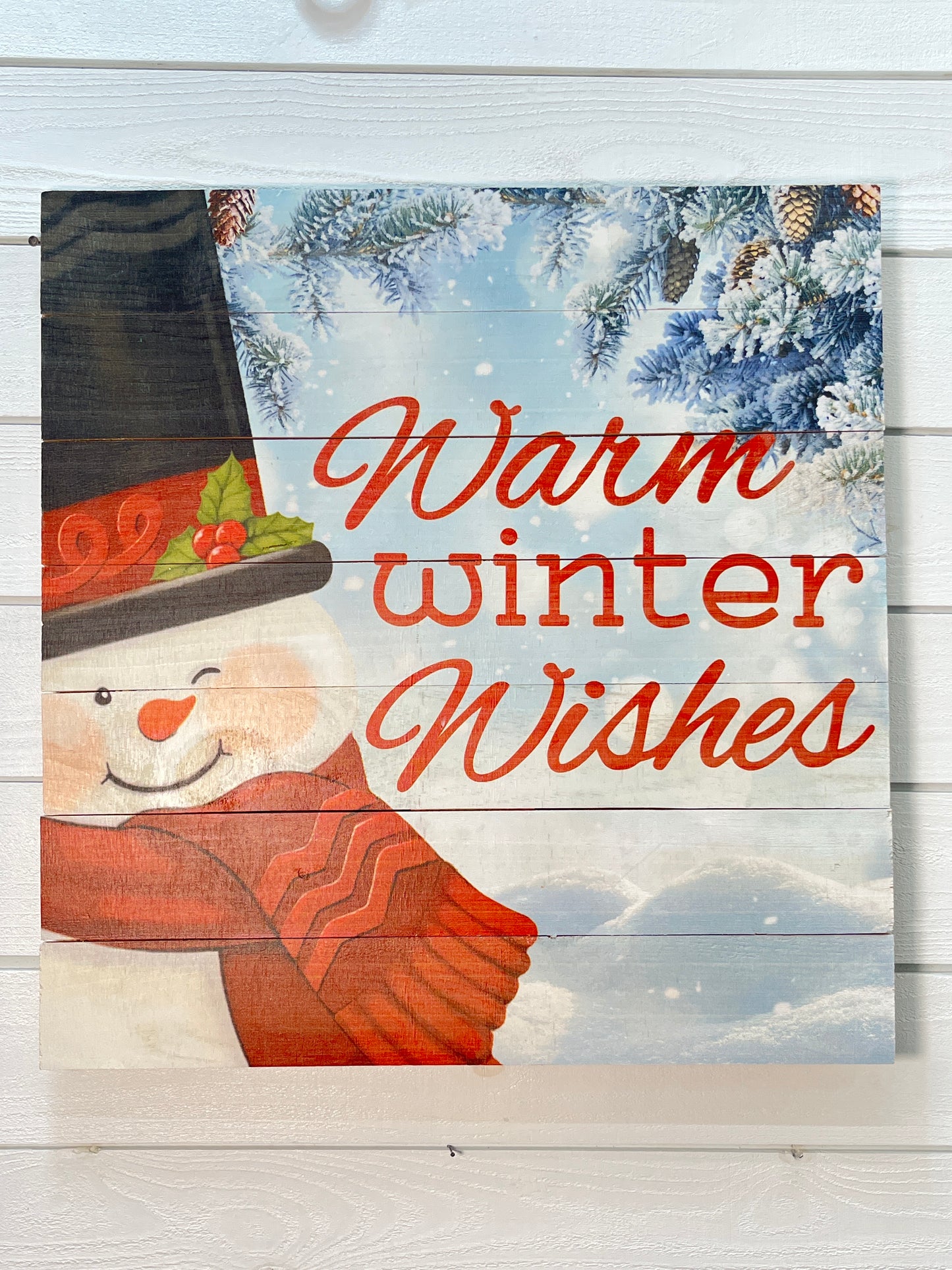 Warm Winter Wishes Wood Plank Snowman Sign