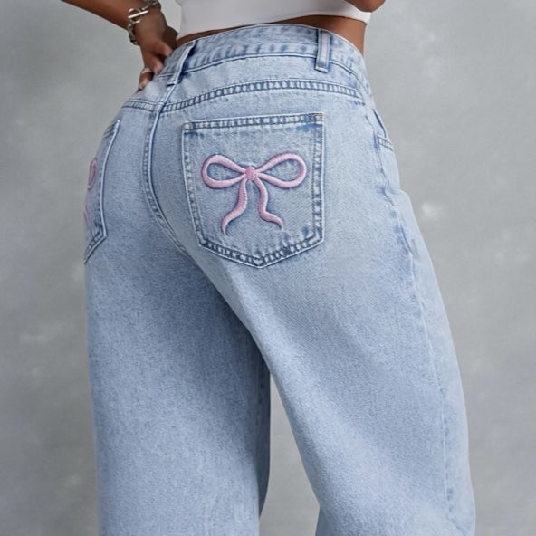 Bow Embroidered Wide Leg Jeans