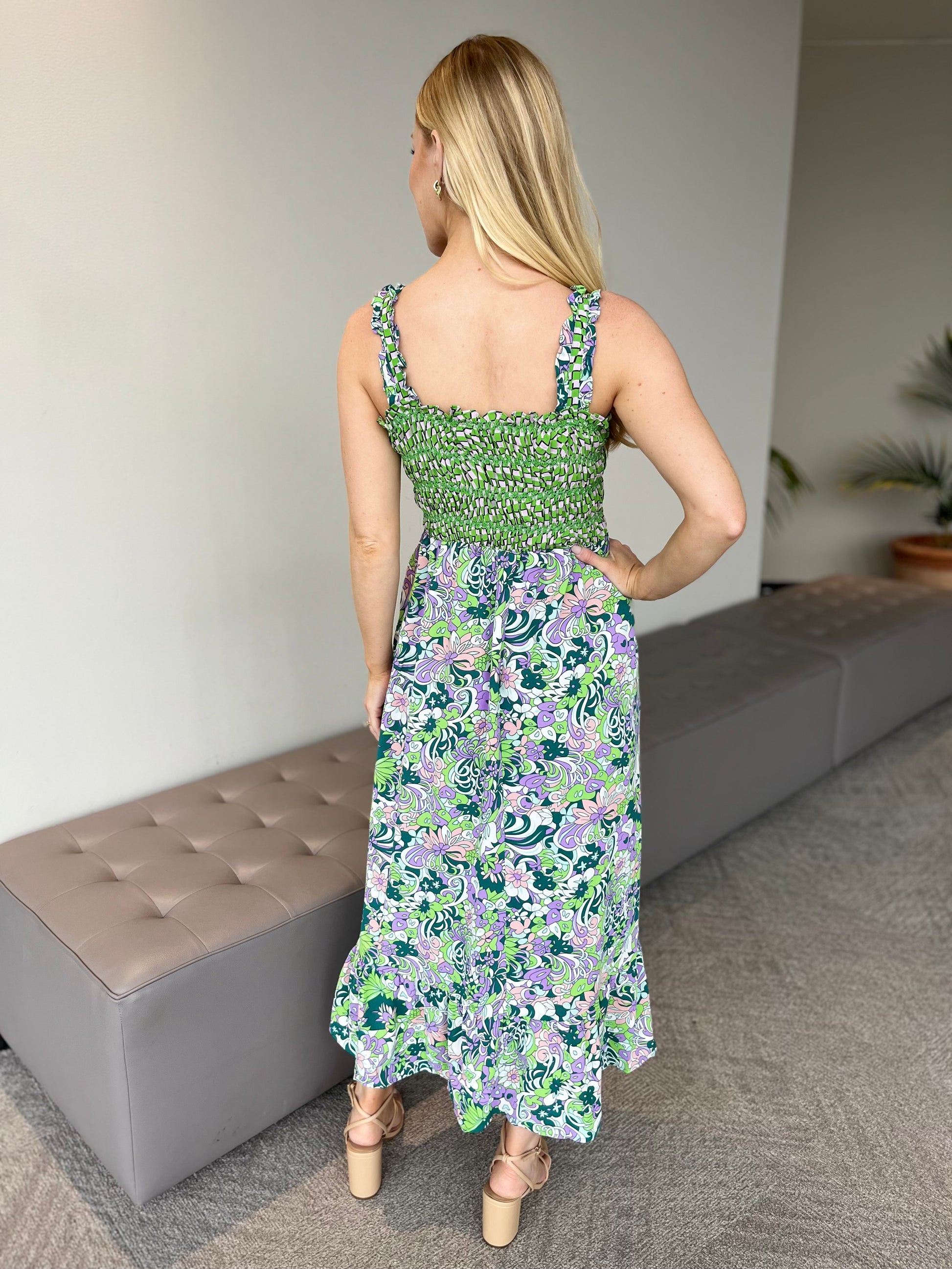 Green Smocked Maxi Dress With Floral Print