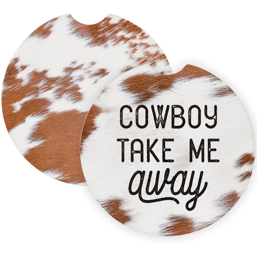 Cowboy Take Me Away Cow Print Coasters- Set of 2