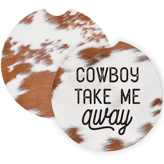 Cowboy Take Me Away Cow Print Coasters- Set of 2