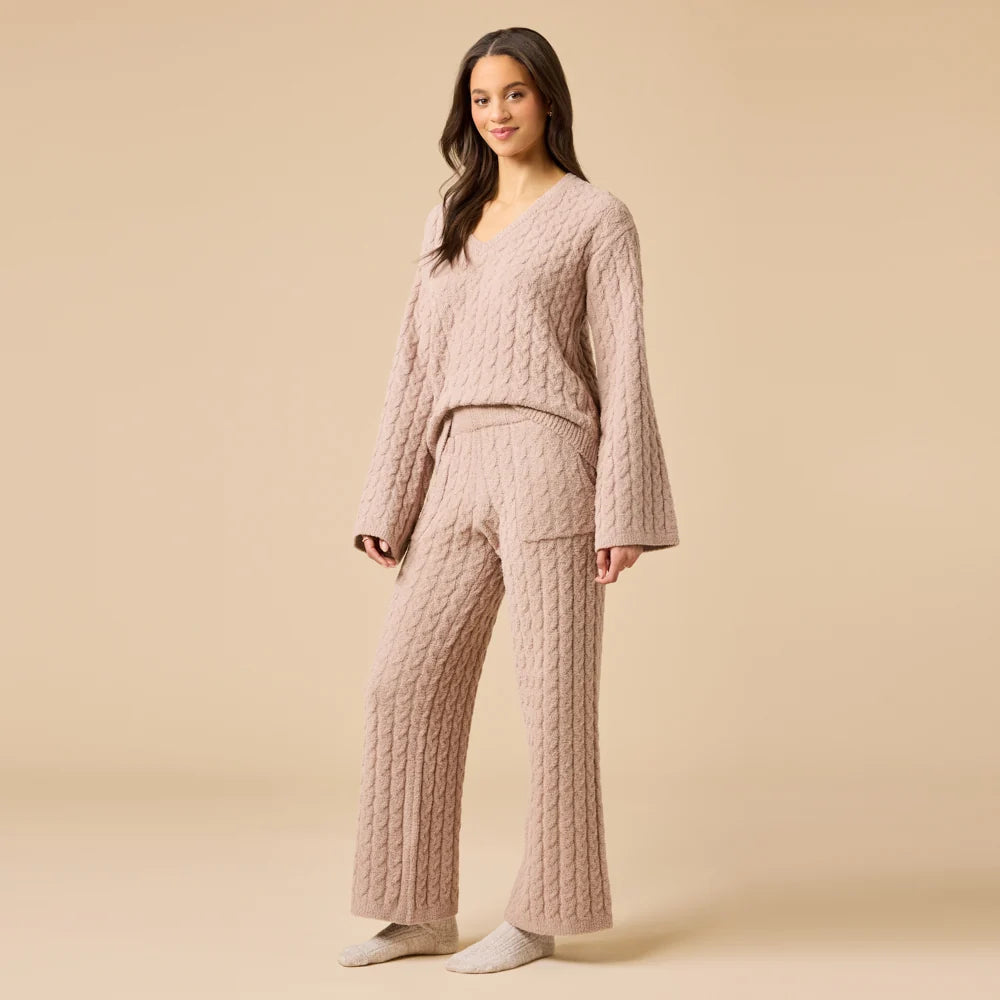 Softies Cable Knit Marshmallow V-Neck with Flared Sleeve and Pant Set- Coco