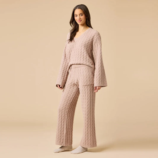 Softies Cable Knit Marshmallow V-Neck with Flared Sleeve and Pant Set- Coco