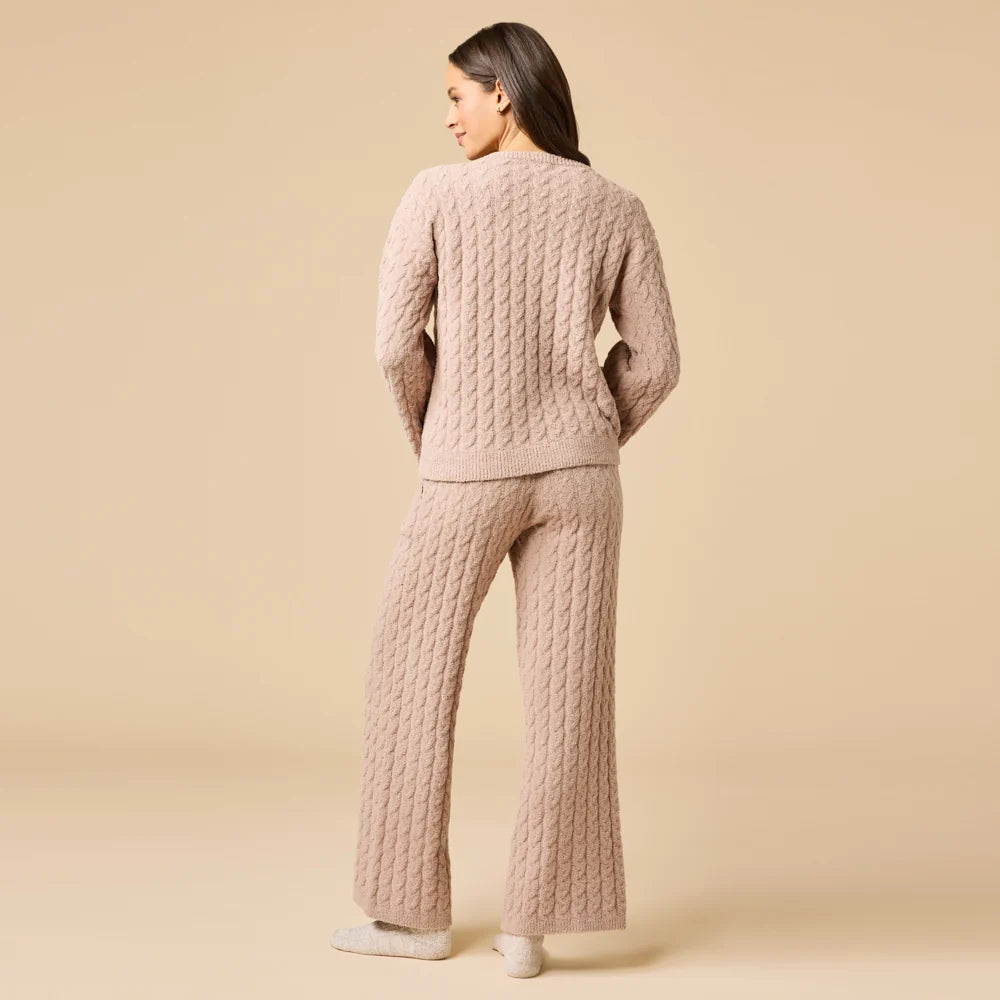 Softies Cable Knit Marshmallow V-Neck with Flared Sleeve and Pant Set- Coco