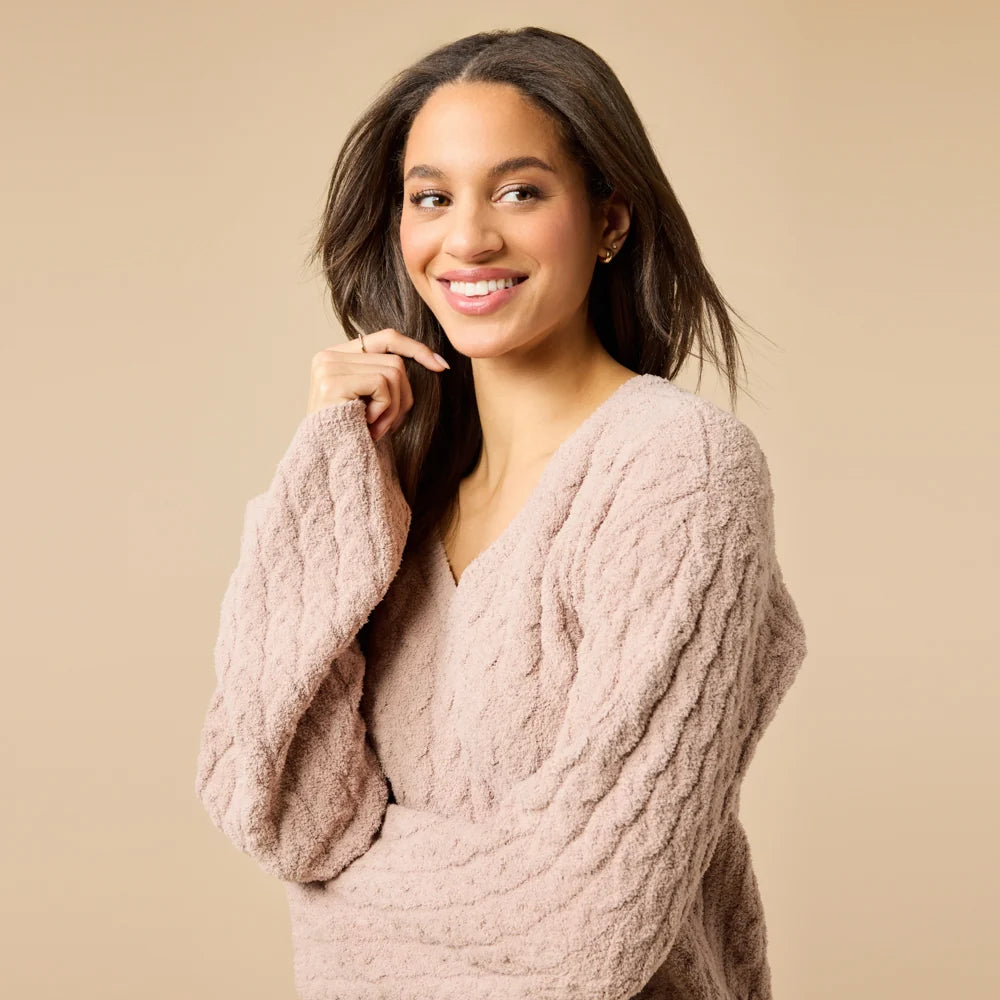 Softies Cable Knit Marshmallow V-Neck with Flared Sleeve and Pant Set- Coco