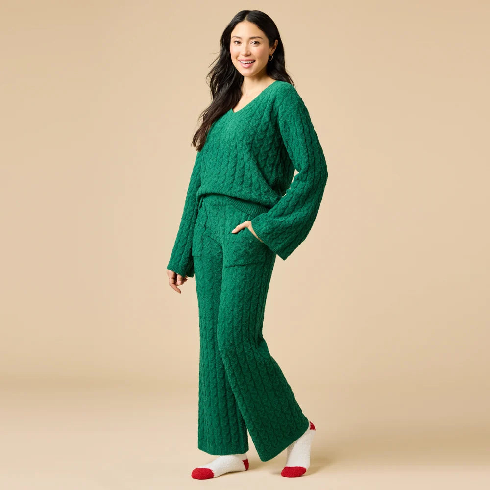 Softies Cable Knit Marshmallow V-Neck with Flared Sleeve and Pant Set- Green