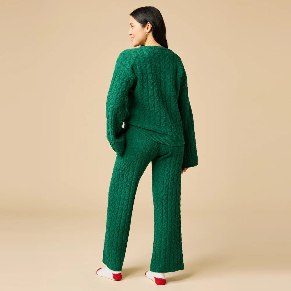 Softies Cable Knit Marshmallow V-Neck with Flared Sleeve and Pant Set- Green