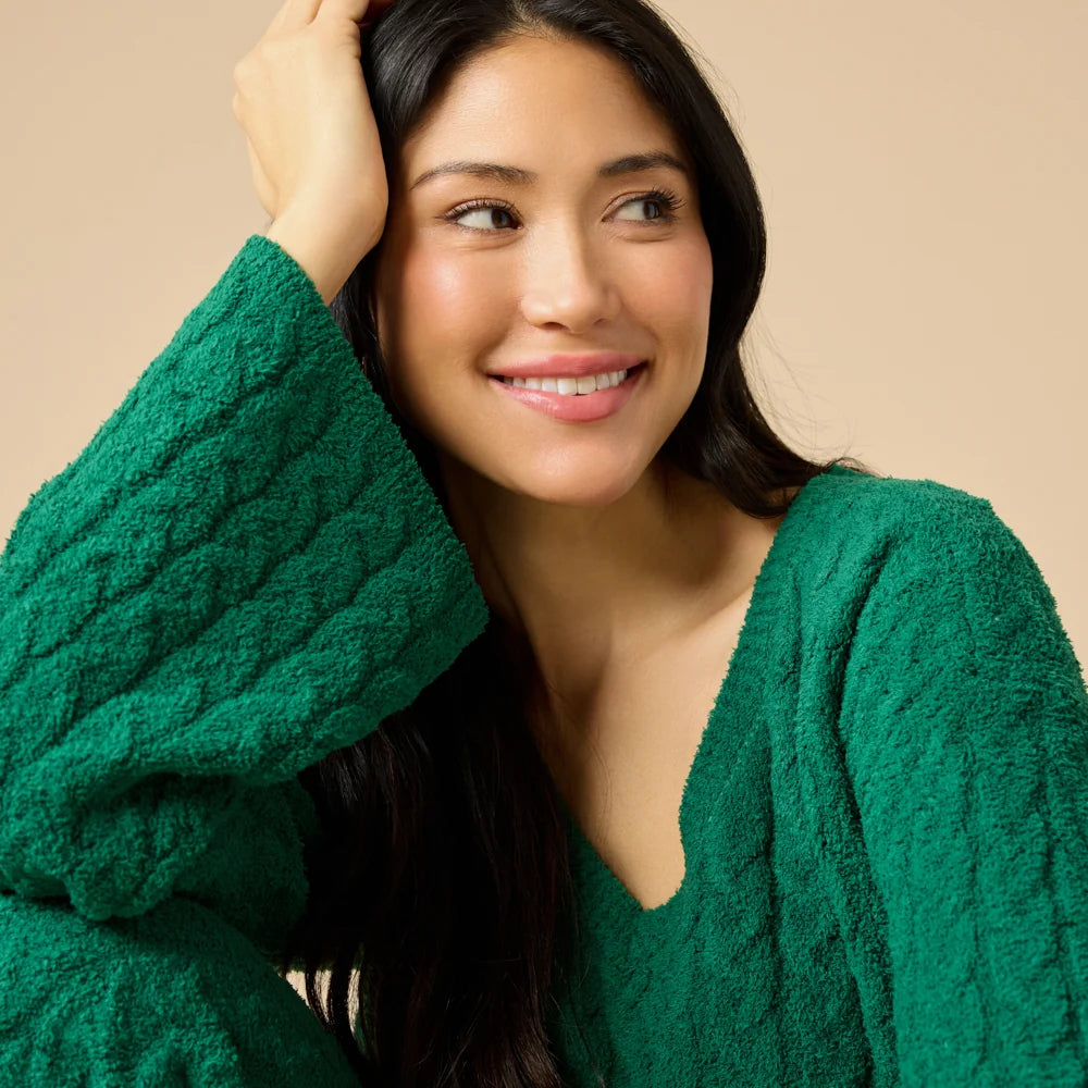 Softies Cable Knit Marshmallow V-Neck with Flared Sleeve and Pant Set- Green