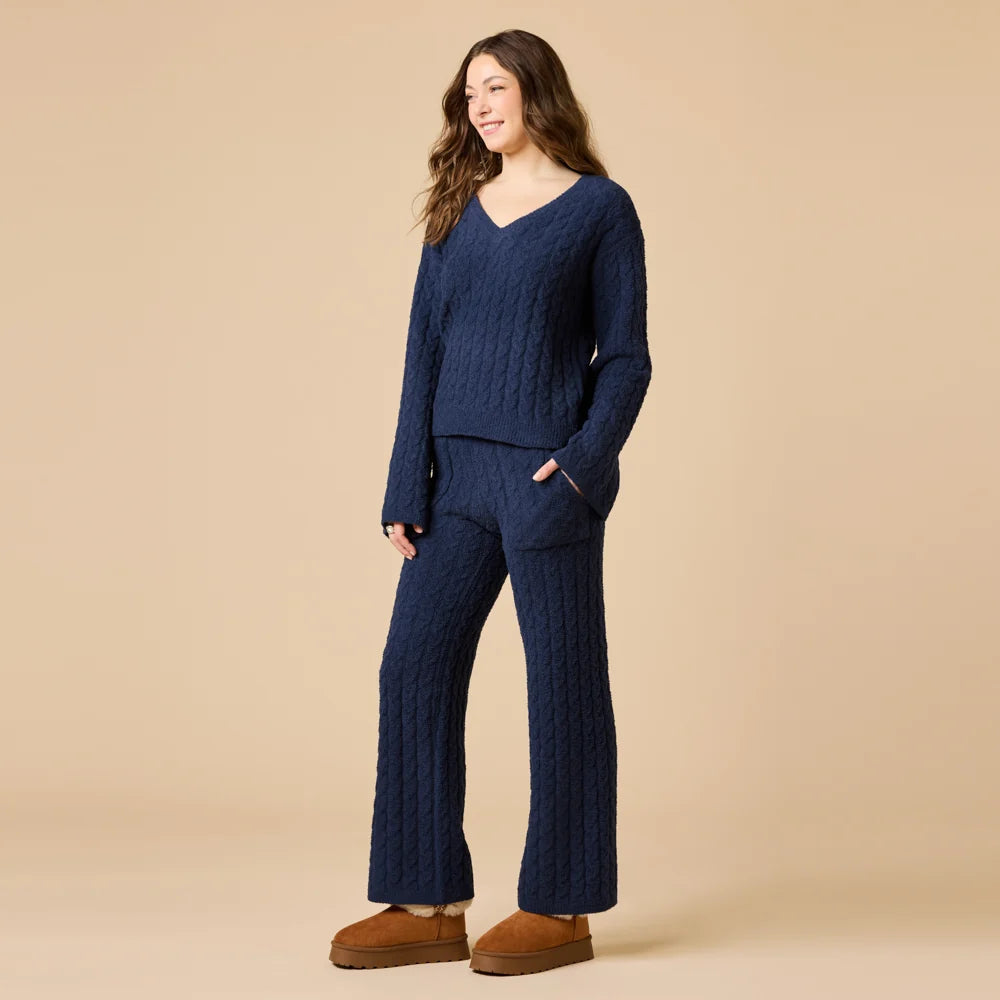 Softies Cable Knit Marshmallow V-Neck with Flared Sleeve and Pant Set- Midnight Blue