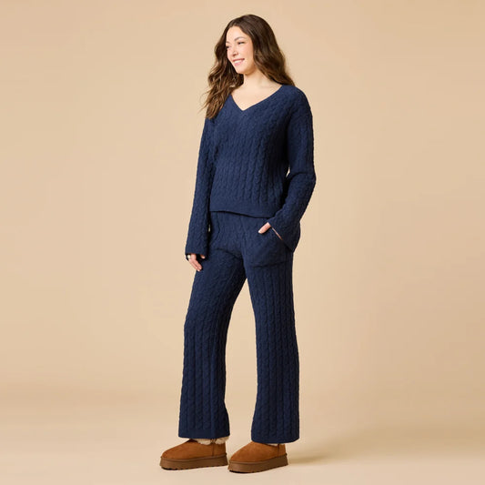 Softies Cable Knit Marshmallow V-Neck with Flared Sleeve and Pant Set- Midnight Blue