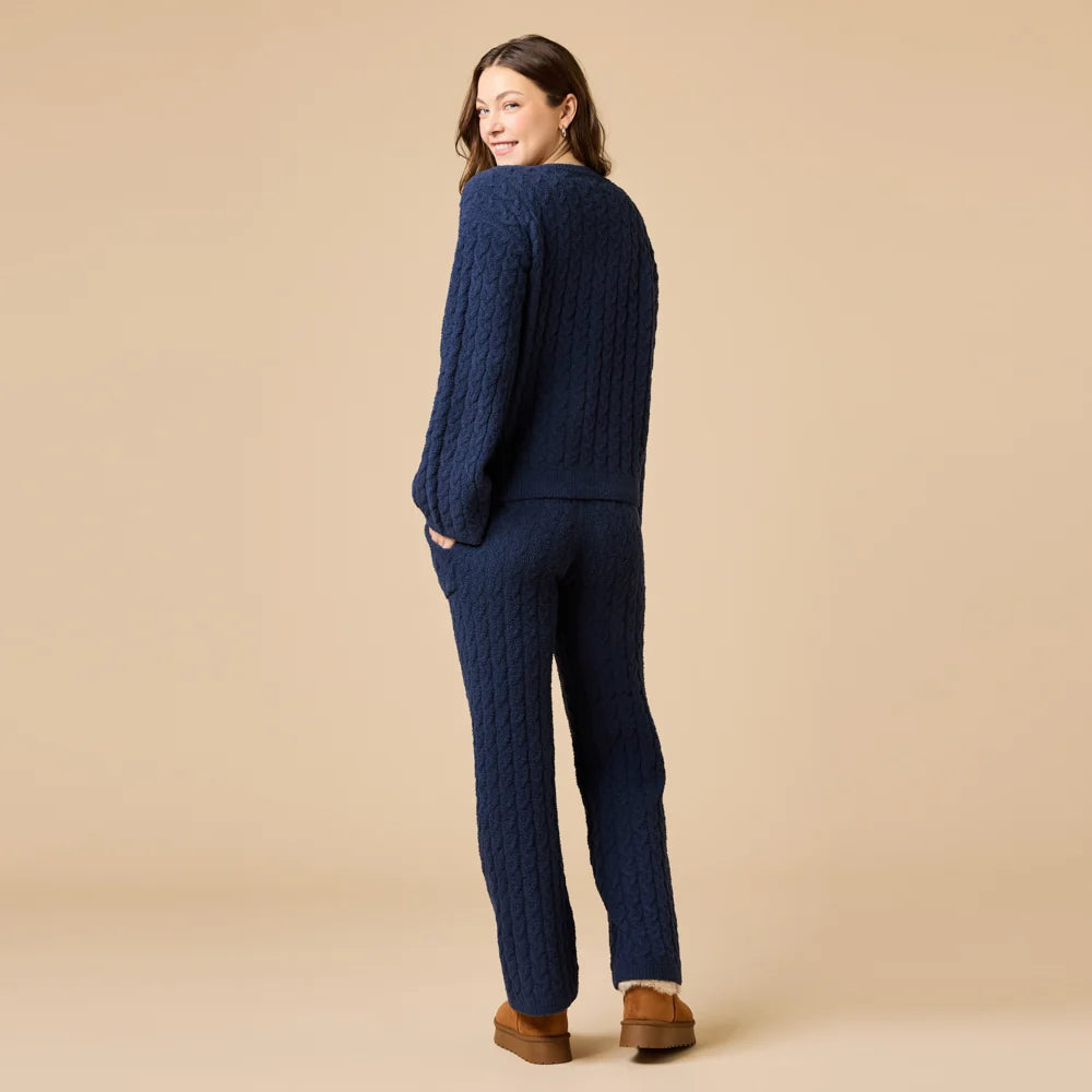 Softies Cable Knit Marshmallow V-Neck with Flared Sleeve and Pant Set- Midnight Blue