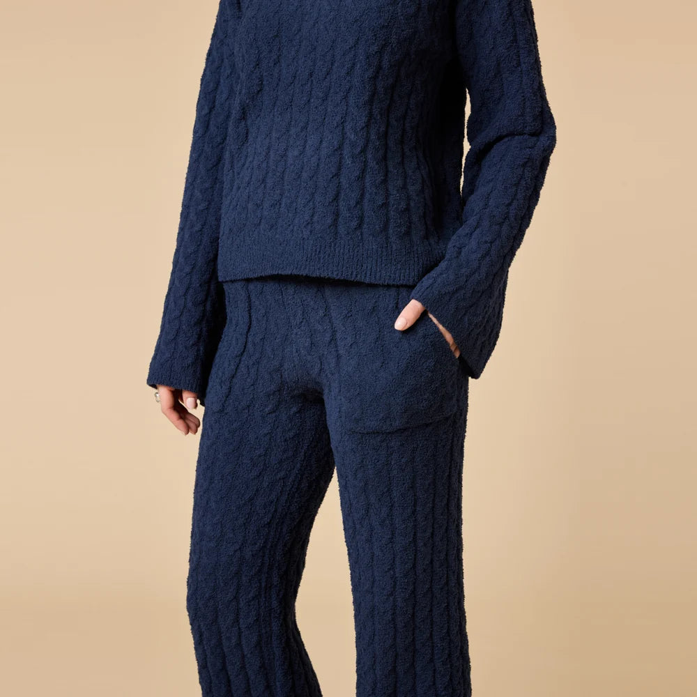 Softies Cable Knit Marshmallow V-Neck with Flared Sleeve and Pant Set- Midnight Blue