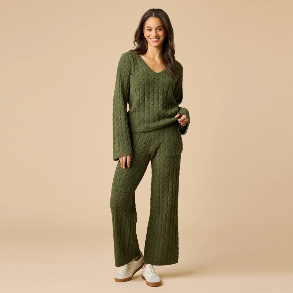 Softies Cable Knit Marshmallow V-Neck with Flared Sleeve and Pant Set- Olive