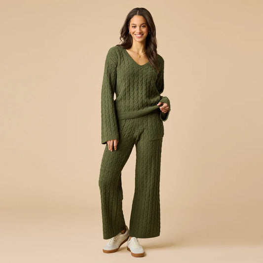Softies Cable Knit Marshmallow V-Neck with Flared Sleeve and Pant Set- Olive