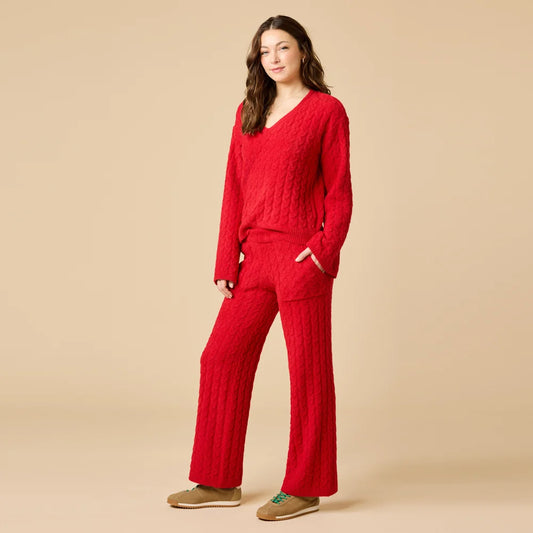 Softies Cable Knit Marshmallow V-Neck with Flared Sleeve and Pant Set- Red