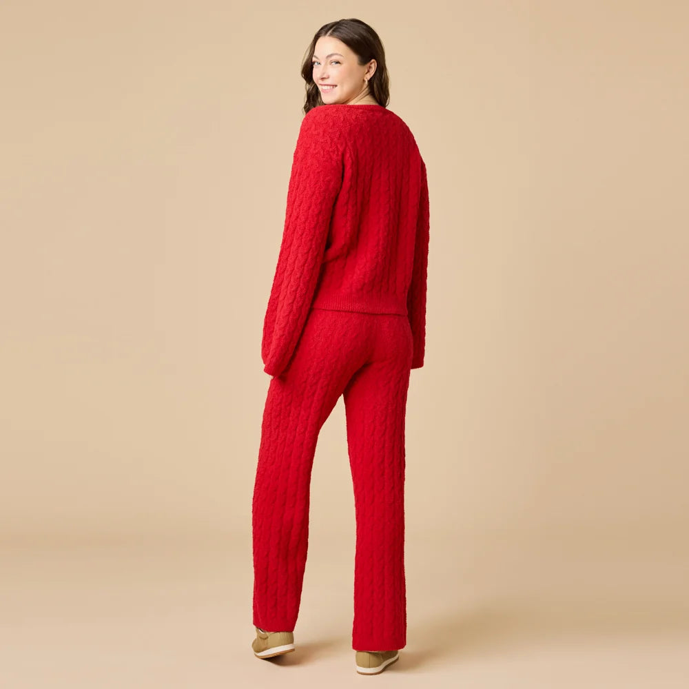 Softies Cable Knit Marshmallow V-Neck with Flared Sleeve and Pant Set- Red