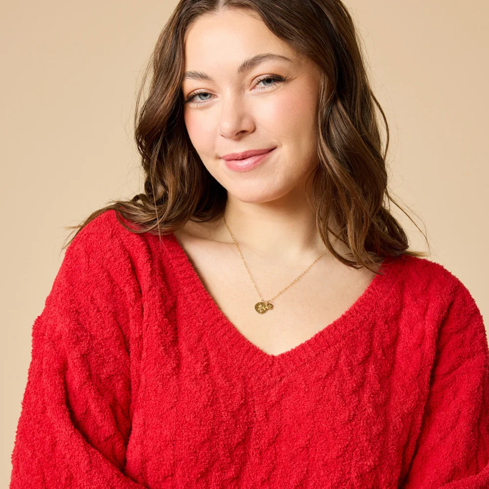 Softies Cable Knit Marshmallow V-Neck with Flared Sleeve and Pant Set- Red