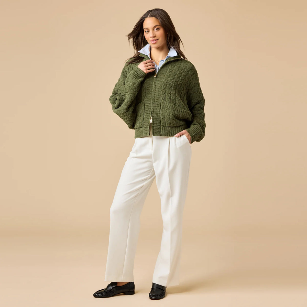 Softies Cable Knit Marshmallow Funnel Neck Double Zip Jacket