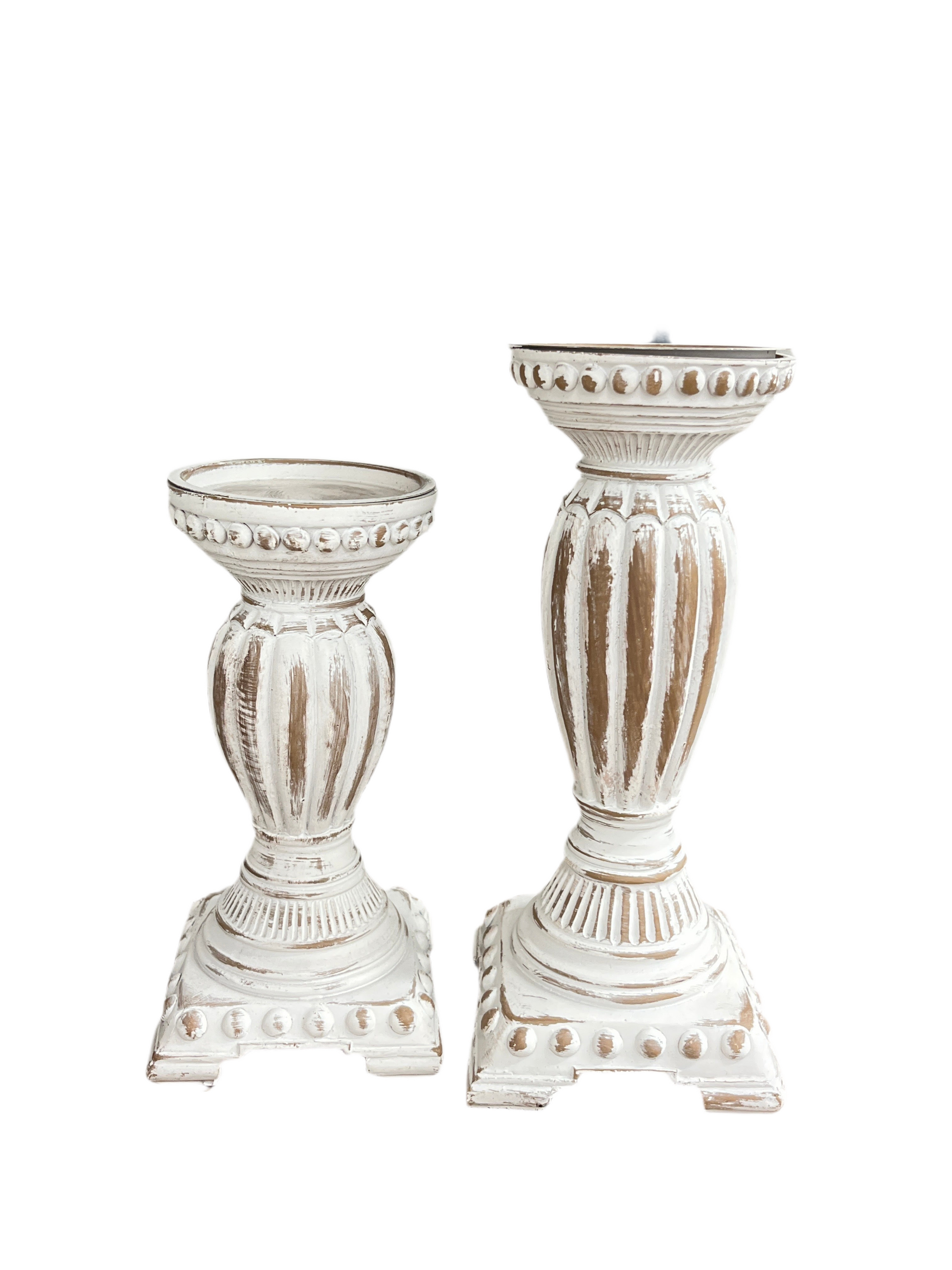 Resin White Washed Pillar Candle Holder Set/2