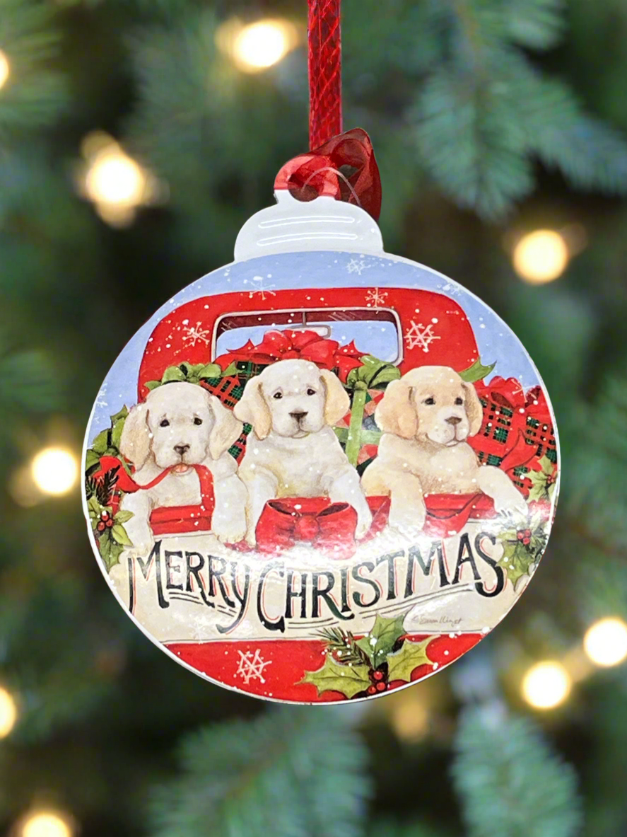 Merry Christmas Puppies In Truck Metal Ornament