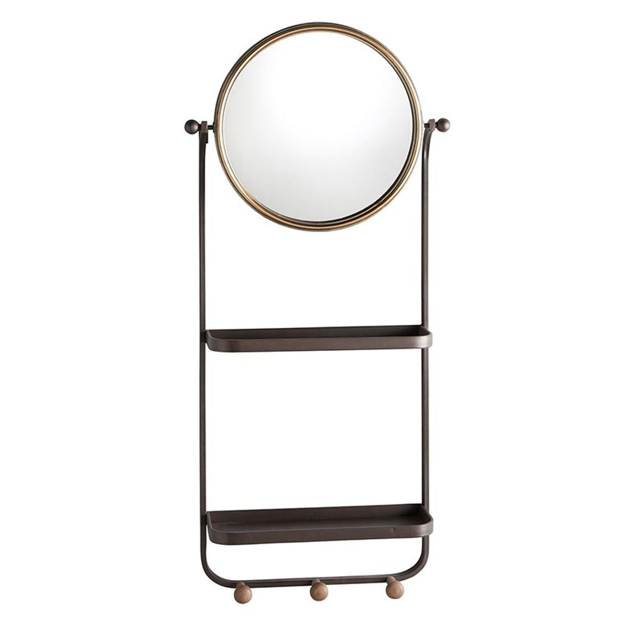 Round Wall Mirror with 2 Shelves and Wooden Peg Hooks