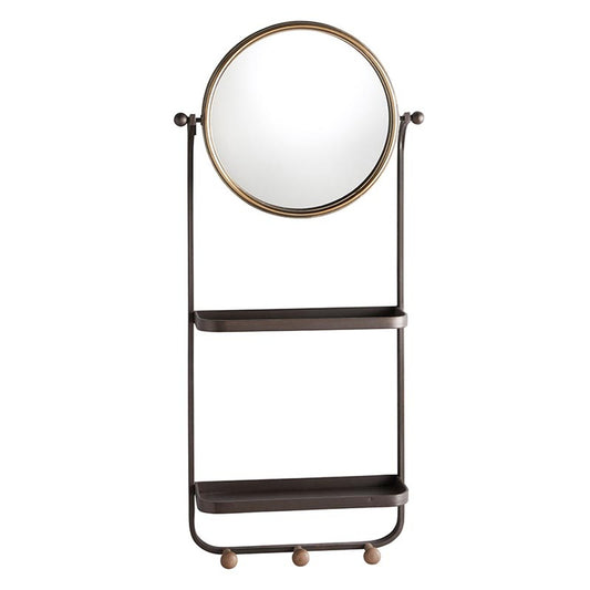 Round Wall Mirror with 2 Shelves and Wooden Peg Hooks