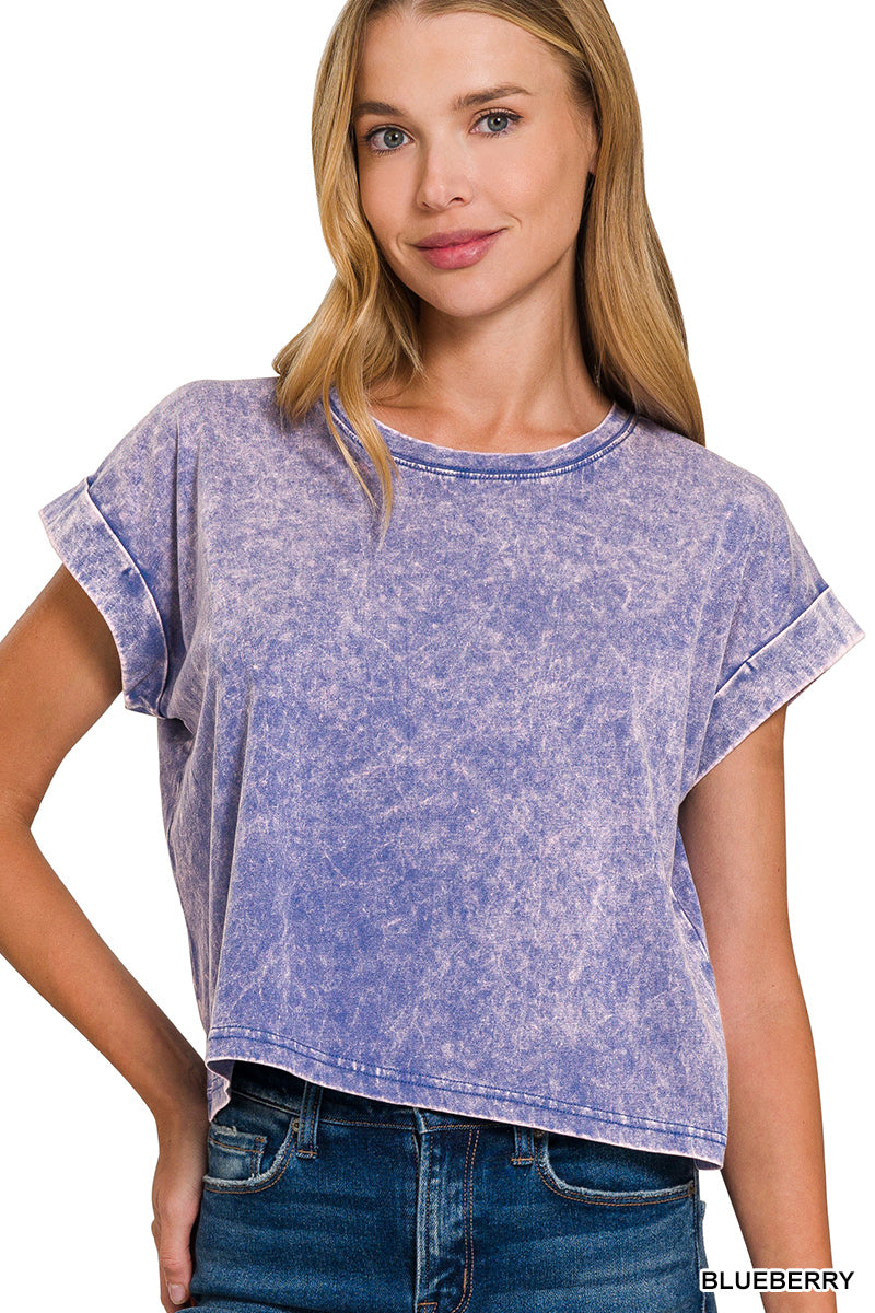 Zenana Washed Cotton Cuffed Short Sleeve Top