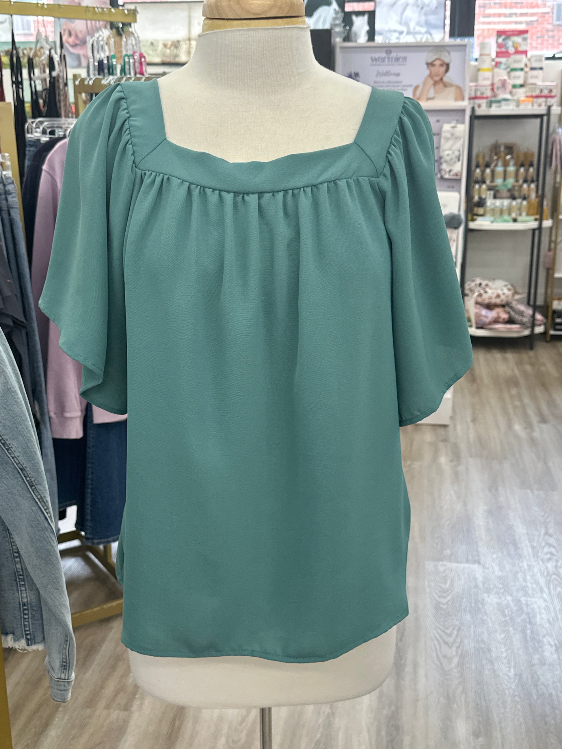 Sea Foam Square Neck Top With Flowy Sleeves