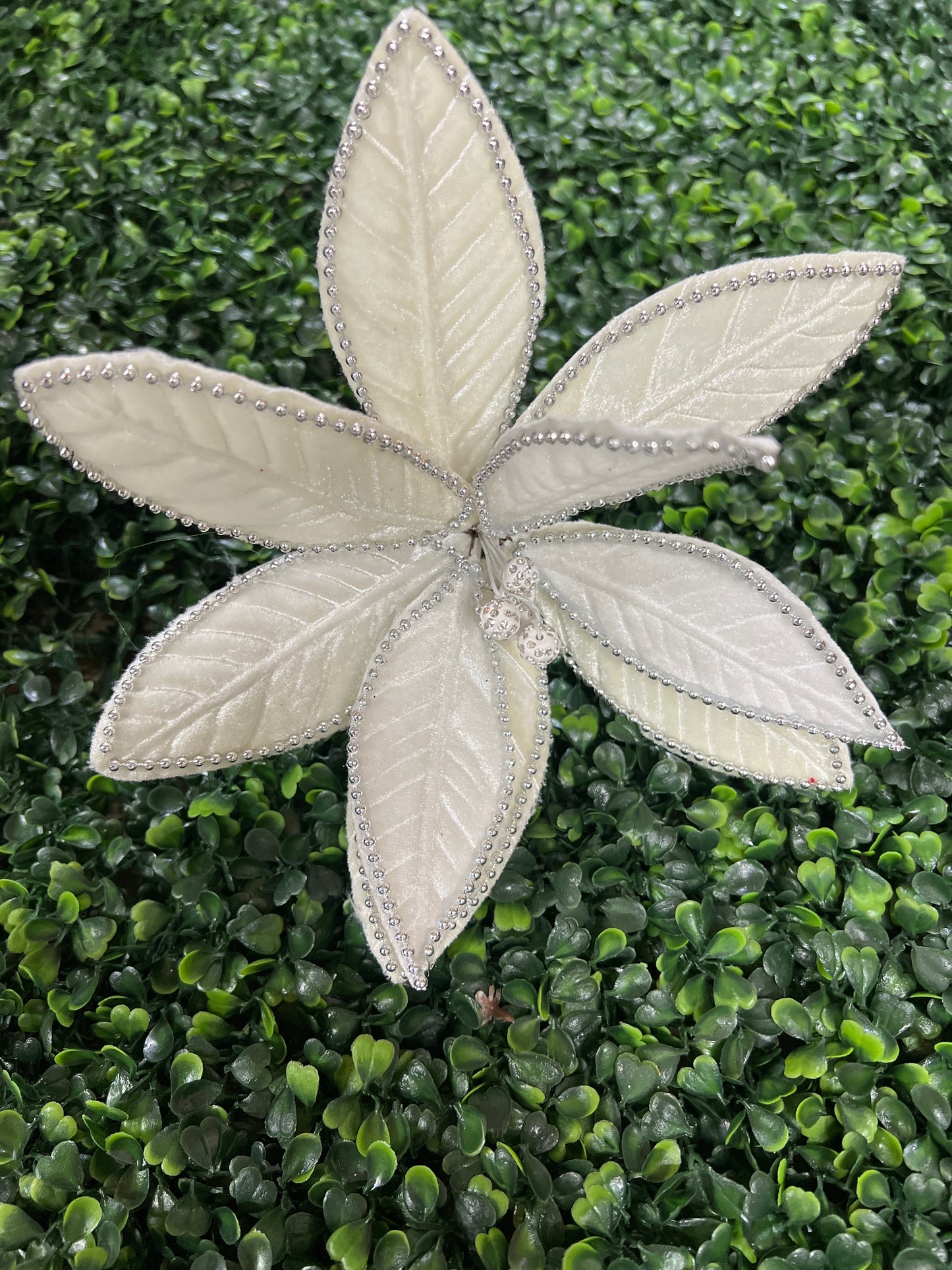 White/Silver Beaded Poinsettia Clip On Floral