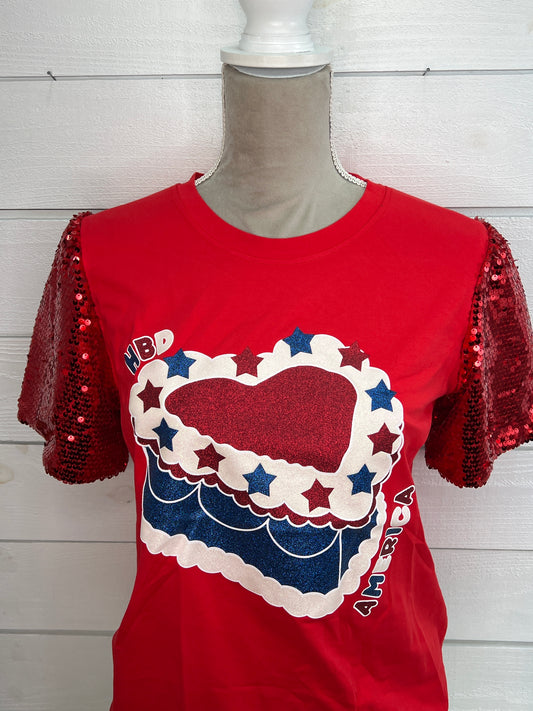 Grace + Emma HBD America Red Sequin Sleeve Top