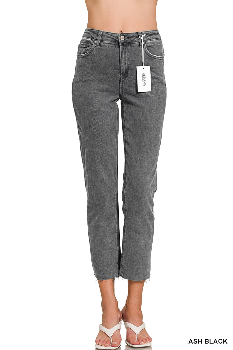 Zenana Acid Washed High Waist Cropped Straight Pants