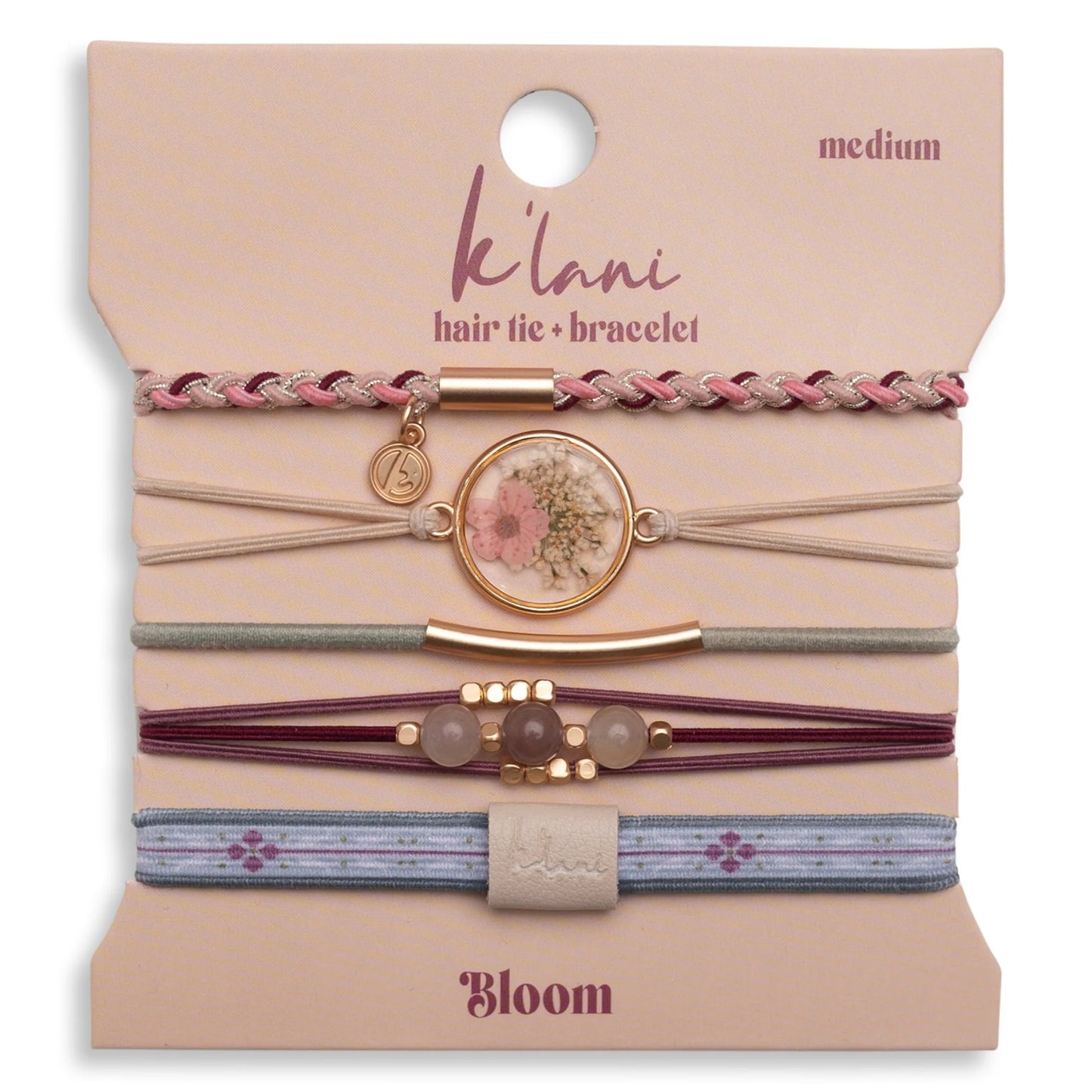 K'Lani "Bloom" Maroon & Pink with Pressed Flowers Hair Tie Bracelets