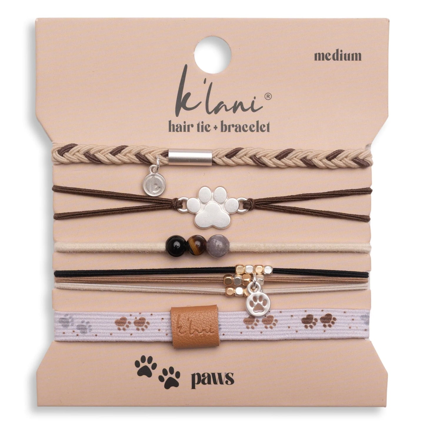 "Paws" Natural Hues with Silver & Paw Accents Hair Tie Bracelet